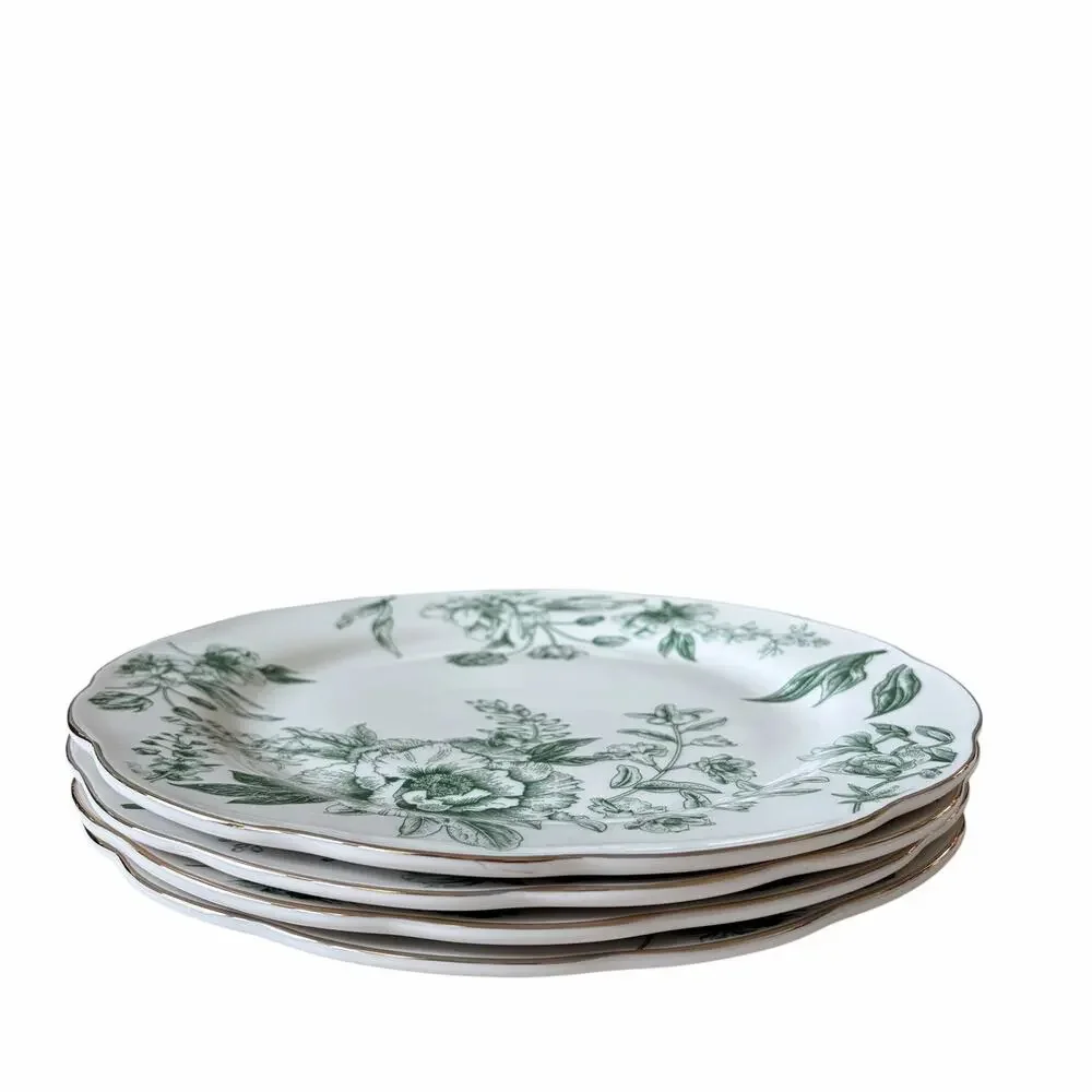 Medici Green Floral Toile Dinner Plates 10.5in Set of 4 Scalloped Porcelain New